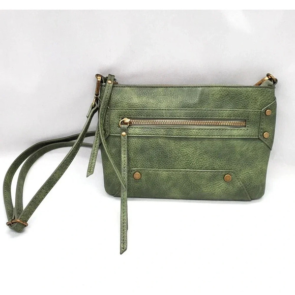 Chicos Purse Green Faux Leather Odette Crossbody Bag Studded Utilitarian Boho - Picture 1 of 16